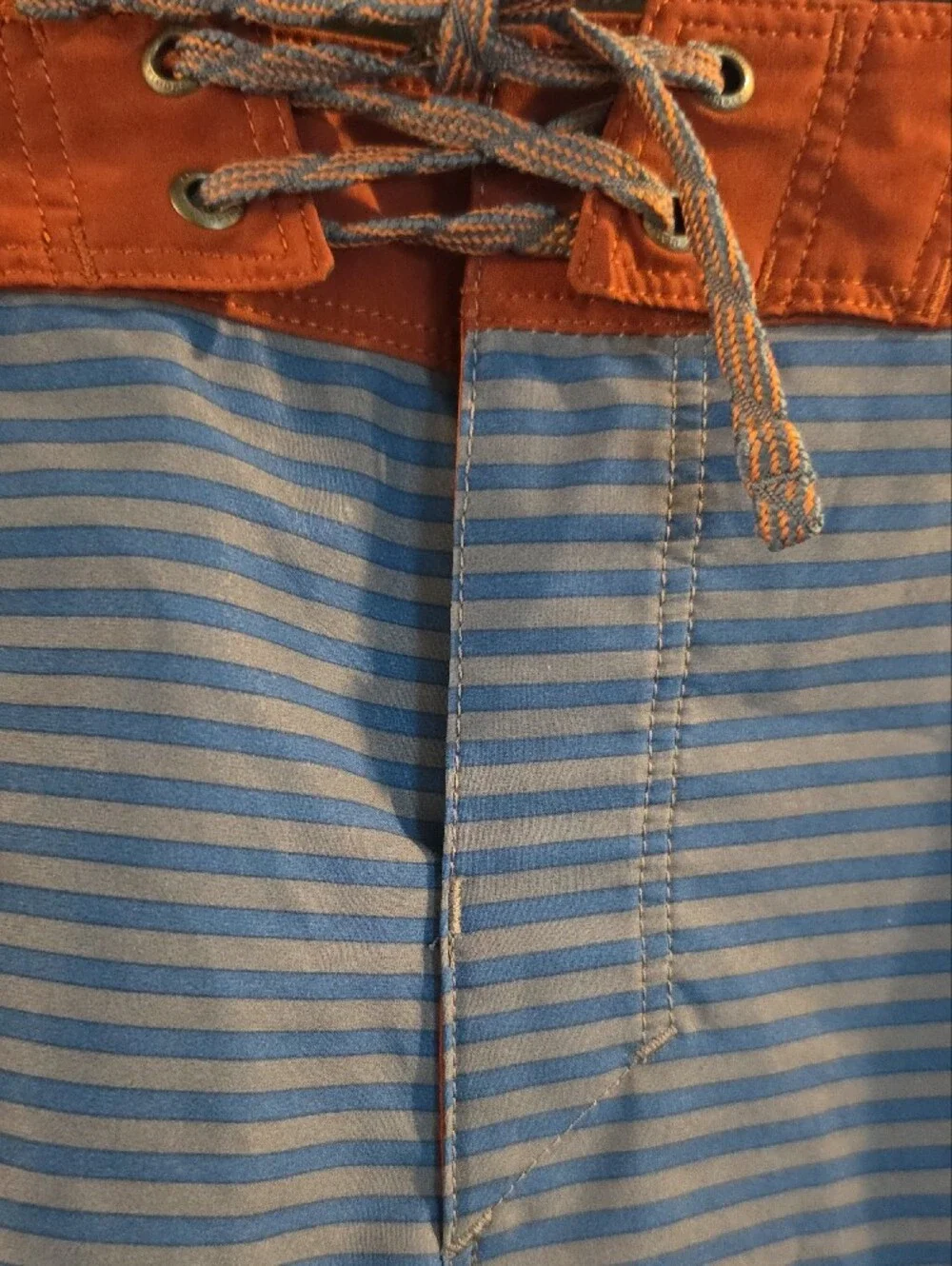Patagonia Blue Striped Swim Board Shorts with Rust Waistband